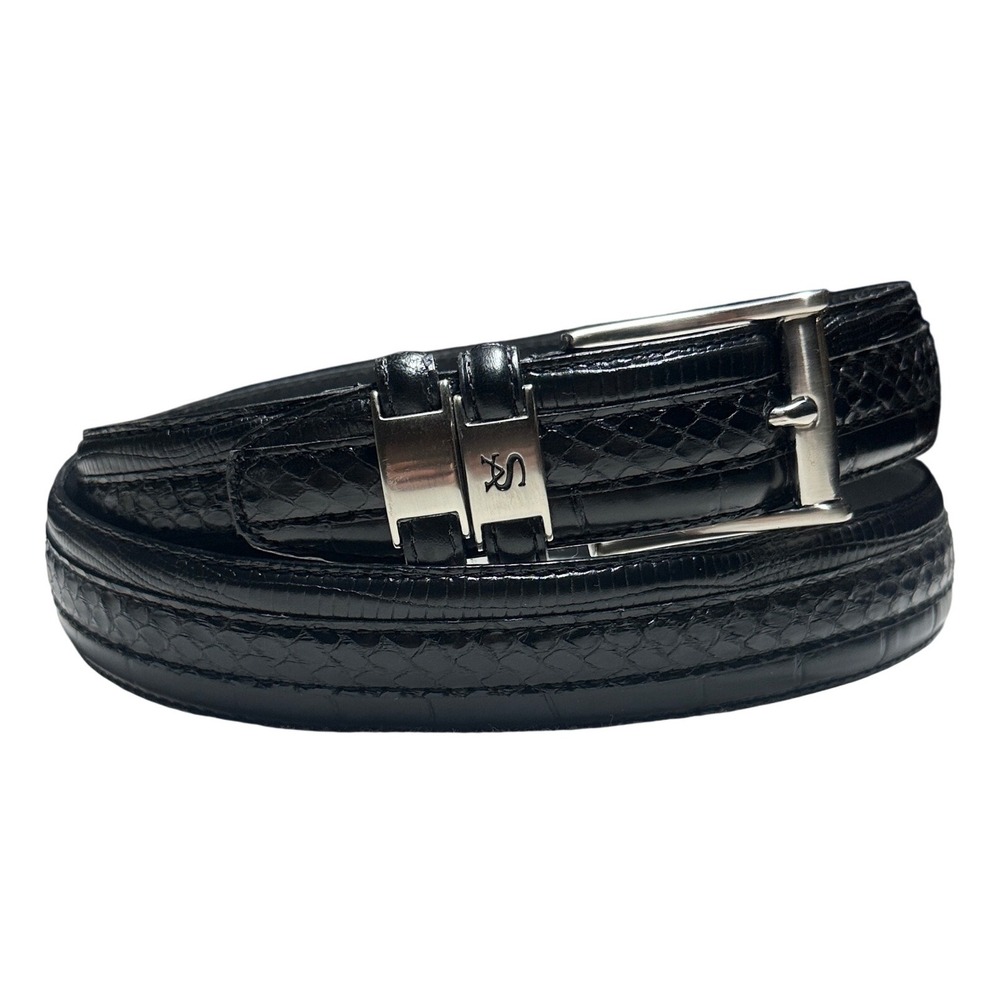 Stacy Adams Dress Belt Mens 44 Black Snakeskin Embossed Leather Silver Buckle